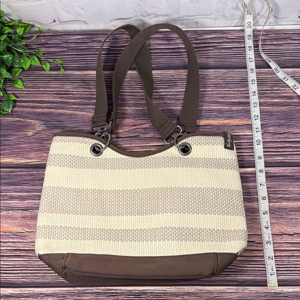 Thirty-One Canvas Crew Mini Tote in Taupe Straw Stripe Pattern Brown Canvas Trim - Picture 6 of 9